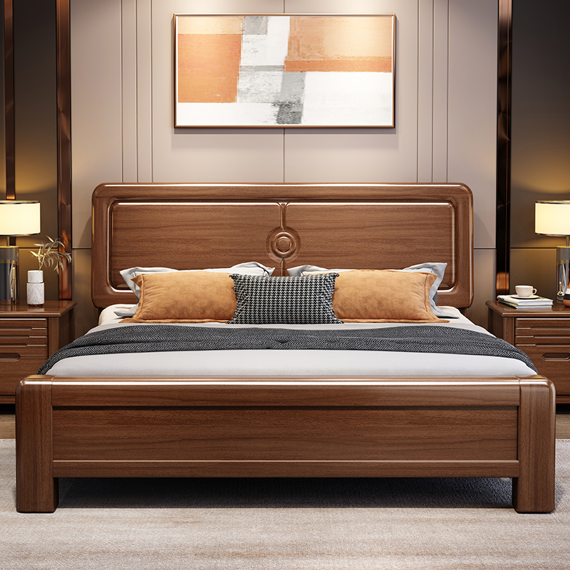 欧梵森 中式床实木床双人床1.8米床1.5m床现代简约卧室主卧大床轻奢气压储物高箱现代婚床实木家具床胡桃木床高清大图
