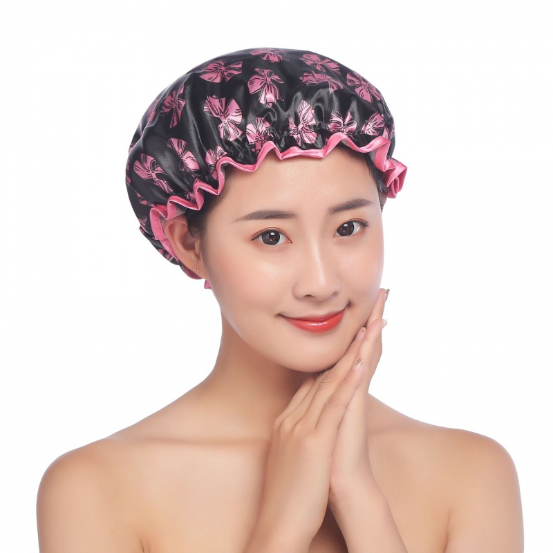 双层浴帽防水成人女款可爱沐浴帽洗澡头套发膜专用厨房防油烟帽子 三维工匠 (双层浴帽)粉色蝴蝶结