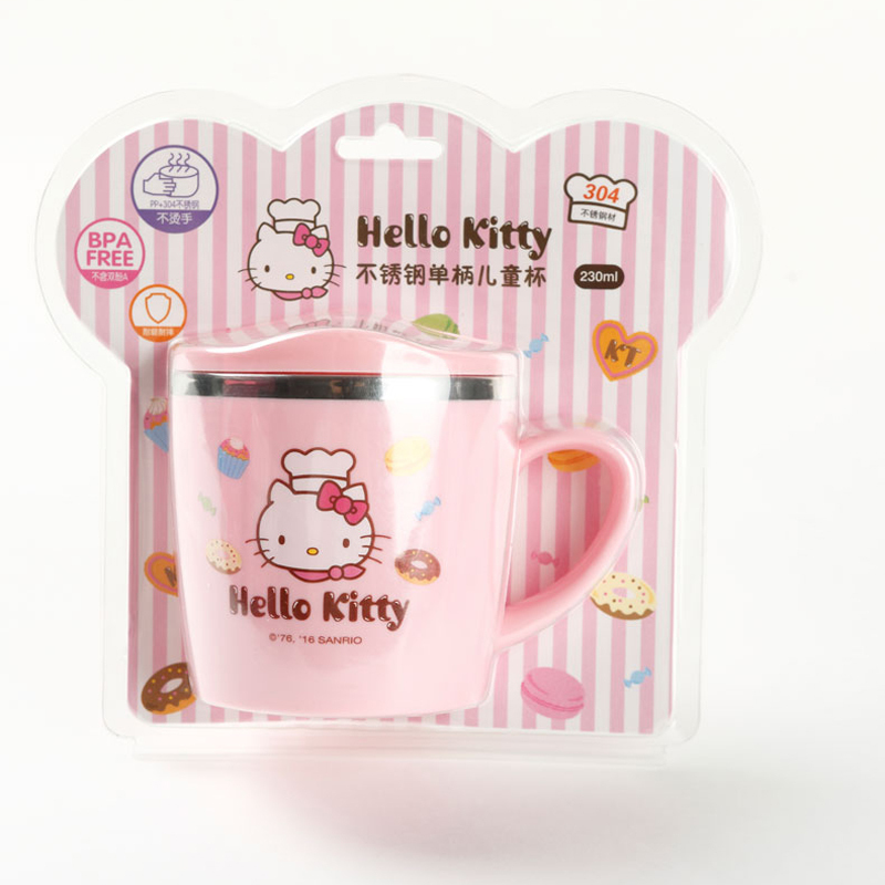 HelloKitty凯蒂猫不锈钢儿童单柄饮水杯宝宝喝水杯200ml白色3个月以上婴儿训练饮水杯带手柄3722