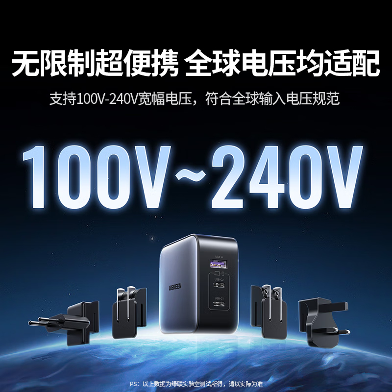 绿联(UGREEN)65W氮化镓充电器套装多口Type-C快充头多国转接头国标转香港/美标/英标/欧洲插头三合一装高清大图
