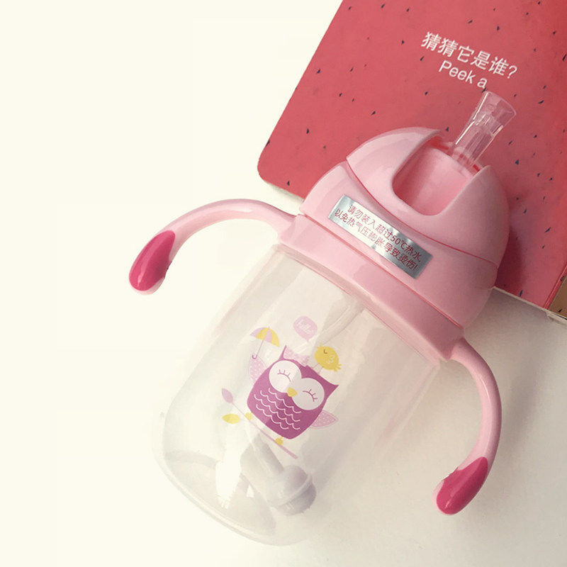 儿童水杯宝宝吸管杯婴幼儿学饮杯烘焙精灵手柄杯学生耐摔杯小孩玻璃杯 PP重力球嫩粉猫头鹰240ML 加吸管刷加备用吸管
