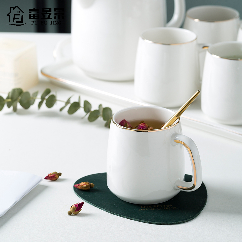 富昱景景 德镇陶瓷轻生活水壶水杯茶具一壶六杯带托盘珍珠白