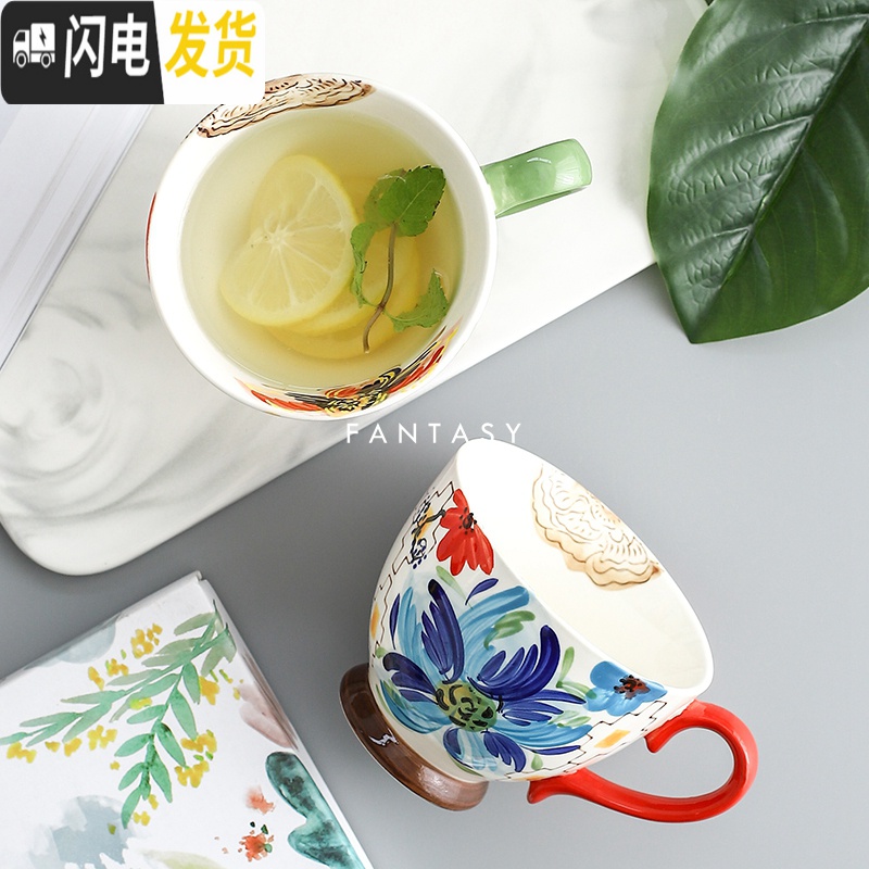 三维工匠手绘早餐杯大号牛奶燕麦杯麦片杯子陶瓷家用办公两用杯大容量带勺马克杯高清大图