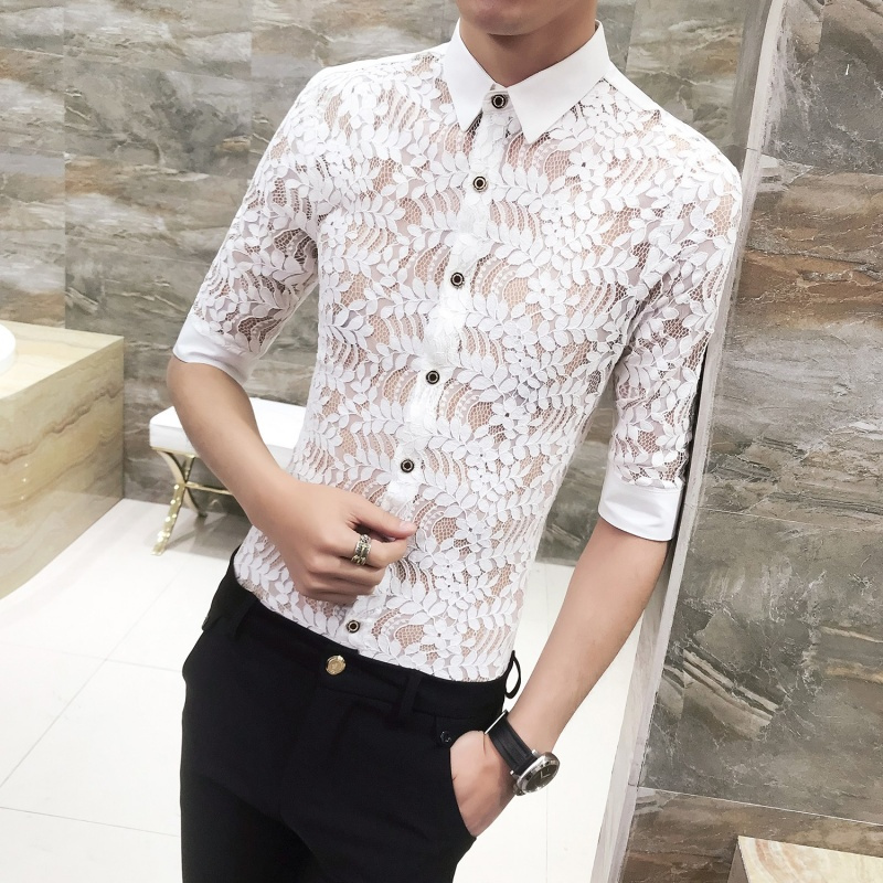 短袖衬衫男韩版18夏男修身型师七分袖工作服蕾丝镂空中袖衬衬衣
