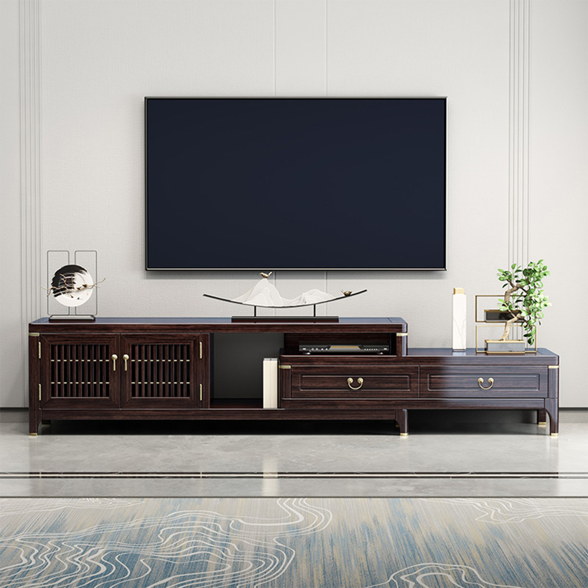 月影梳桐新中式电视柜紫金檀木实木伸缩两抽屉客厅储物落地柜红木家具
