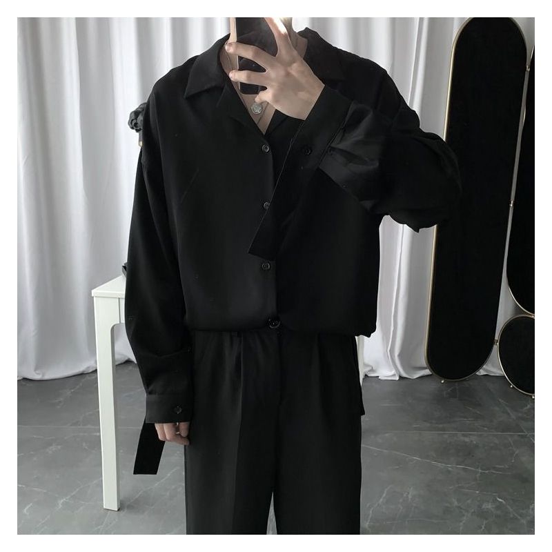 短句先生暗黑禁欲系黑色衬衫男长袖韩版设计感慵懒风气质宽松衬衣