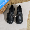 SUNTEK乐福鞋2023夏季新款复古厚底粗跟内增高圆头蝴蝶结英伦风小皮鞋E 黑色4.5cm 32