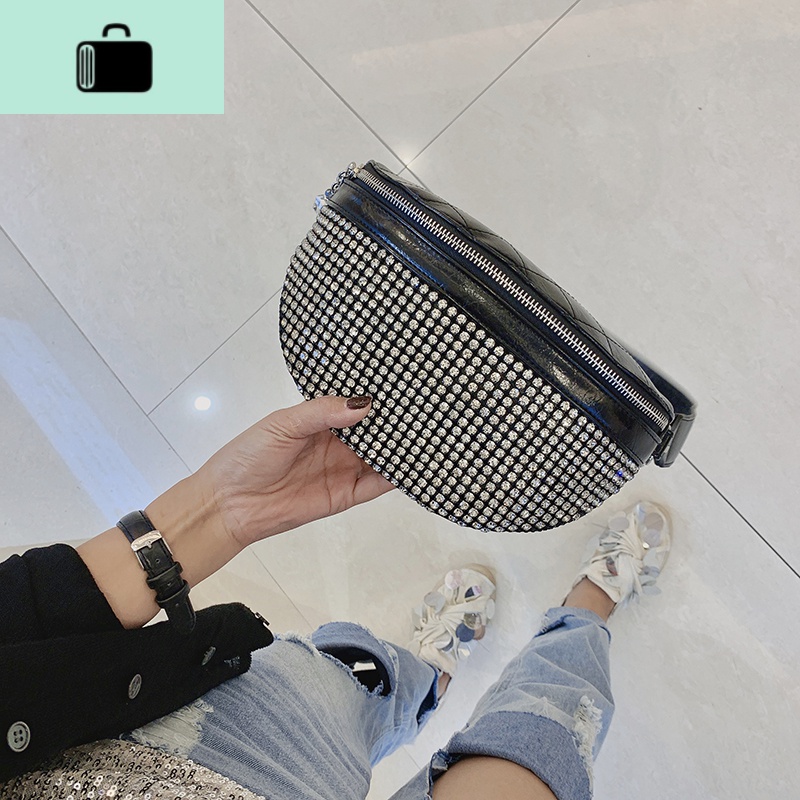 斜挎胸包女潮ins个性街头质感包包洋气镶钻石时尚女包NEW LAKE 黑色钻石高清大图