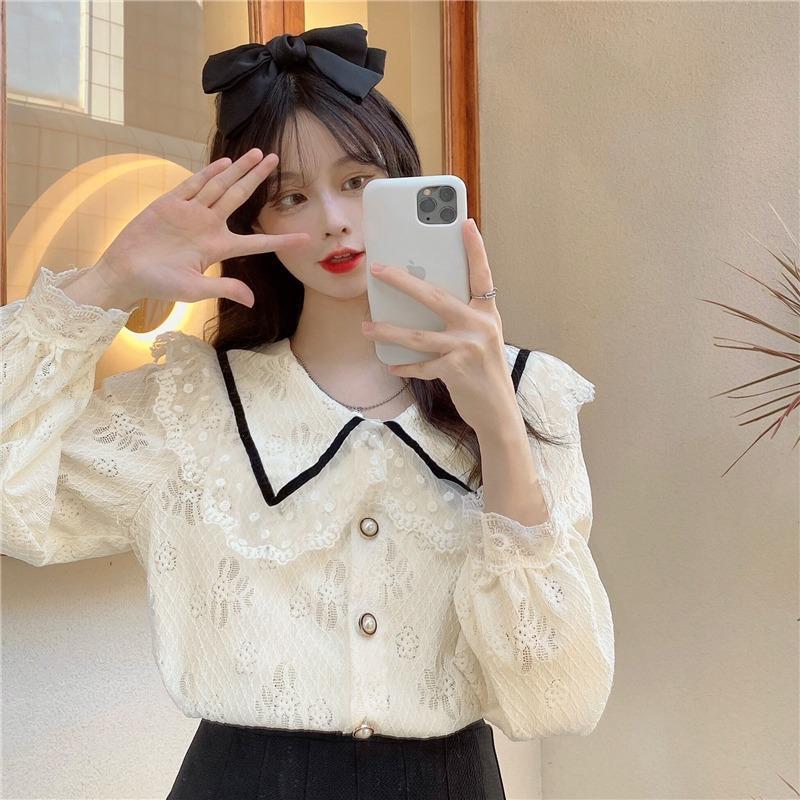 法式娃娃领蕾丝衬衫女春秋季2021新款设计感小众甜美别致长袖上衣7天内发货