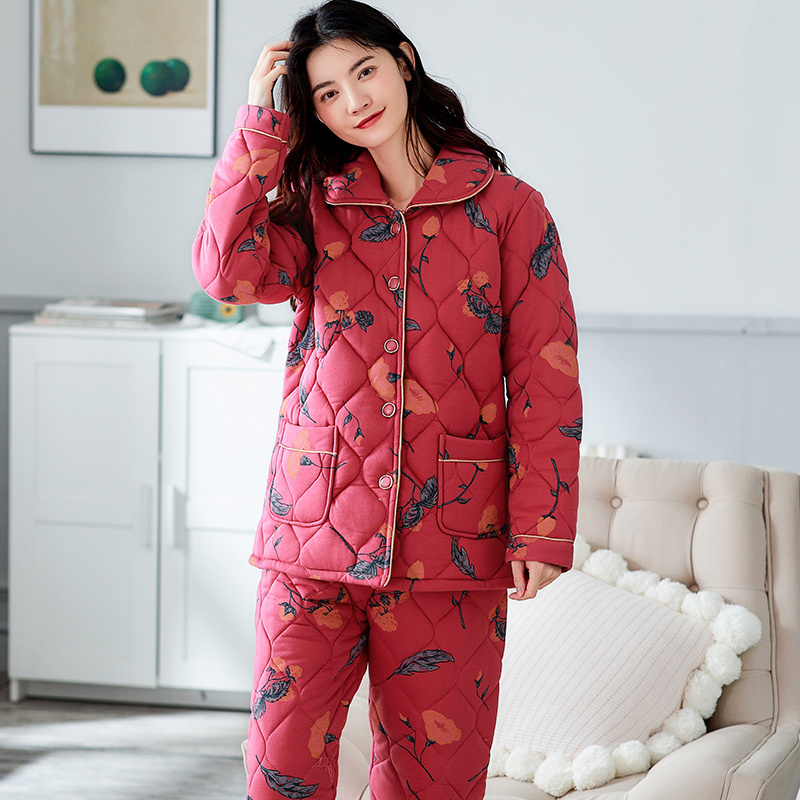 薇儿冬季加厚夹棉加肥睡衣女性感胖mm外穿纯棉棉袄家居服宽松棉被套装