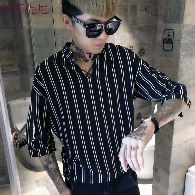 新款条纹短袖衬衫男士五分袖韩版修身夏季中袖衬衣套头立领寸衫潮