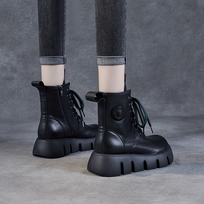厚底短靴女2023秋冬新款真皮圆头系带侧拉链休闲松糕靴子女马丁靴高清大图
