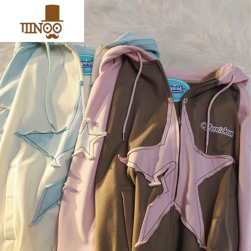 YANXUWEYWOT 国潮牌小众ins星星贴布开衫卫衣男女宽松插肩袖学生党外套高清大图