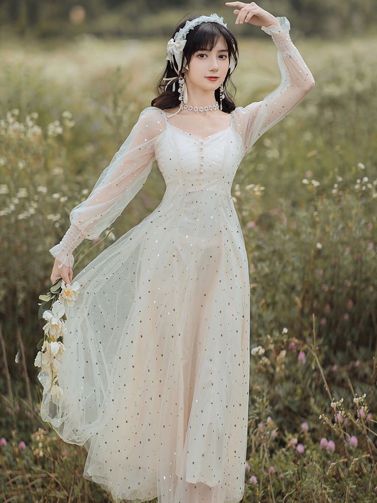 yibusheng法式气质白色连衣裙女春季新款小礼服甜美网纱长裙子仙女超