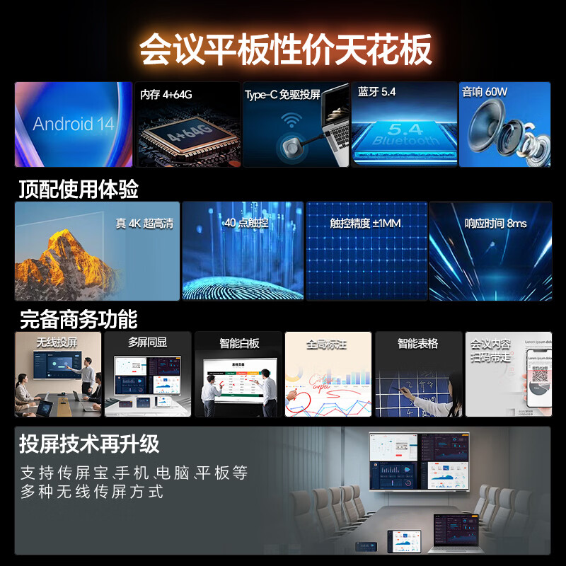 海信86XW3F+投屏器+移动推车 40点触控会议室显示屏商用2990高清大图
