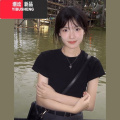 YIBUSHENG美式复古黑色正肩短袖t恤女季2024新款辣妹短款上衣设计感小0