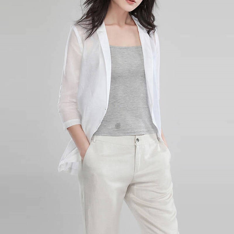 2019春夏季薄款棉麻亚麻简约休闲女士西服宽松小西装短外套上衣