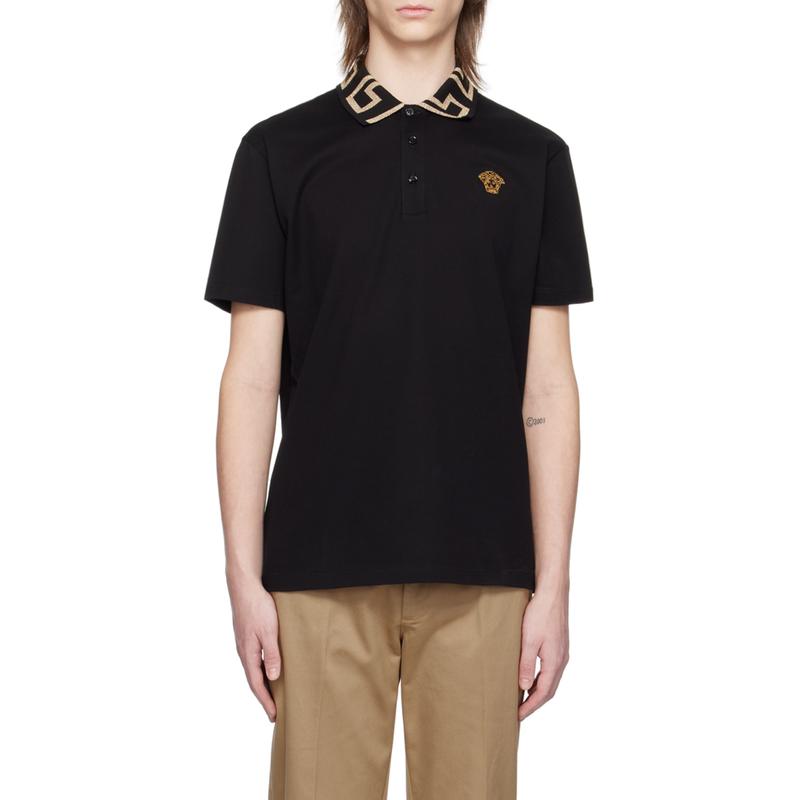 Versace/范思哲短袖Polo衫男款三扣门襟金银丝刺绣尖领透气高清大图