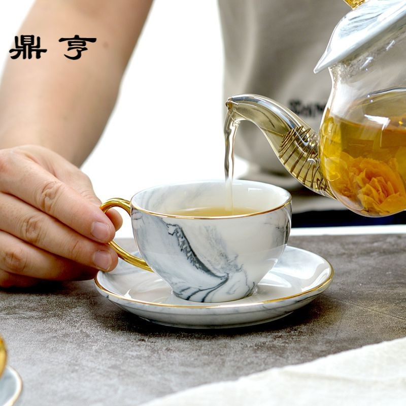 鼎亨北欧简约大理石纹花茶花茶杯 陶瓷咖啡杯碟套装下午茶杯杯子