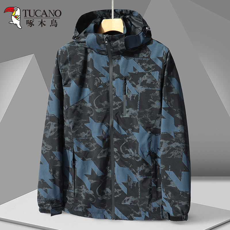 啄木鸟户外冲锋衣春秋季防水风衣夹克男钓鱼登山连帽迷彩薄款外连高清大图