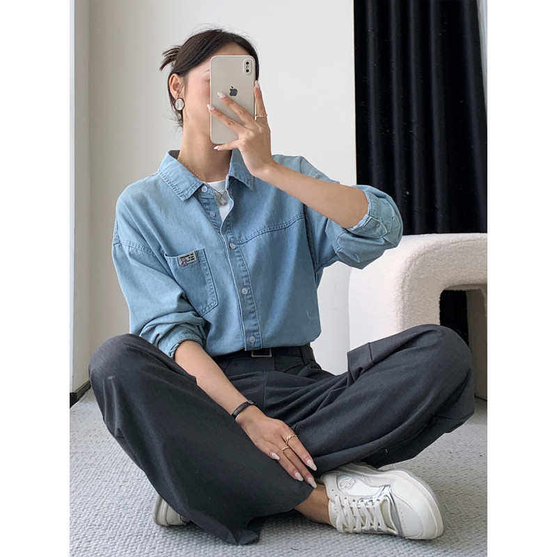 唐狮春秋衬衫女复古牛仔做旧长袖衬衣款外套ins百搭