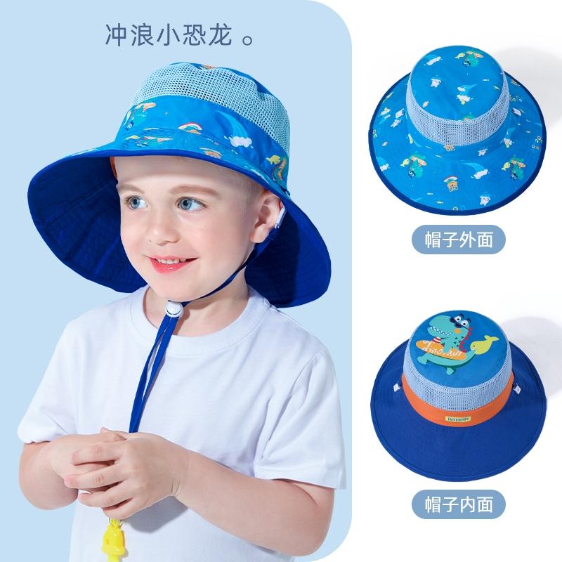 甜甜仔儿童双面戴遮阳帽防晒帽女童帽子遮阳帽男宝宝渔夫帽夏季太阳帽 冲浪小恐龙(双面戴送哨子） 【小童款】适合头围48-52CM建议3-6岁