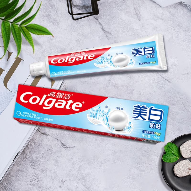 高露洁(Colgate)美白防蛀牙膏140g清爽薄荷清新口气盐白珍珠 家用