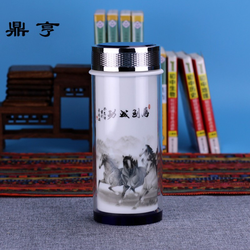 鼎亨500ml景德镇陶瓷保温杯双层内胆男女养生便携带盖水晶大茶杯