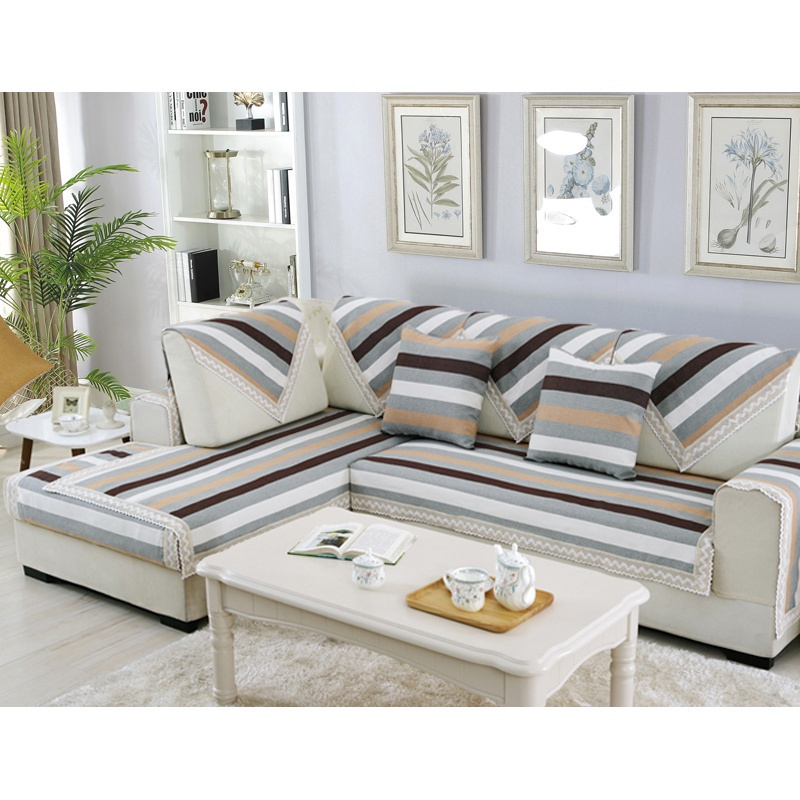 美帮汇四季通用老粗布沙发垫加厚沙发巾现代简约防滑靠背巾定制 经典灰咖 110*250cm