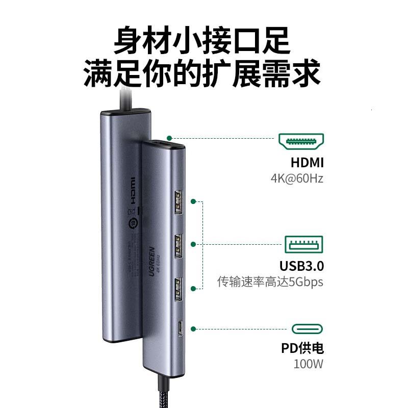 绿联Type-C扩展坞雷电拓展坞HDMI接口4K60Hz转换器144Hz高刷USB适用苹果小米联想电脑