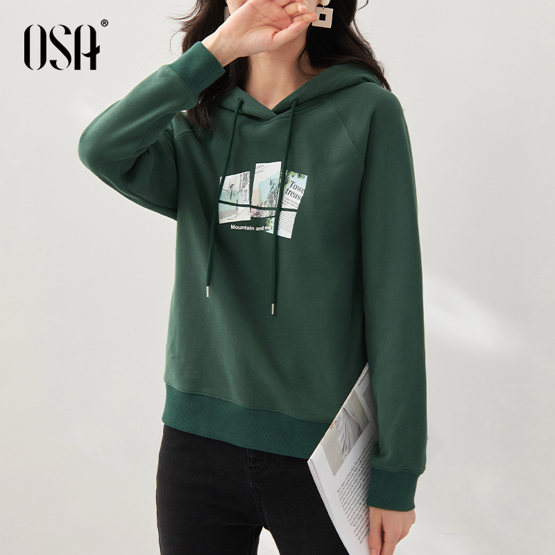 OSA欧莎加厚绿色连帽卫衣女2021年新款潮ins早秋装设计感小众上衣