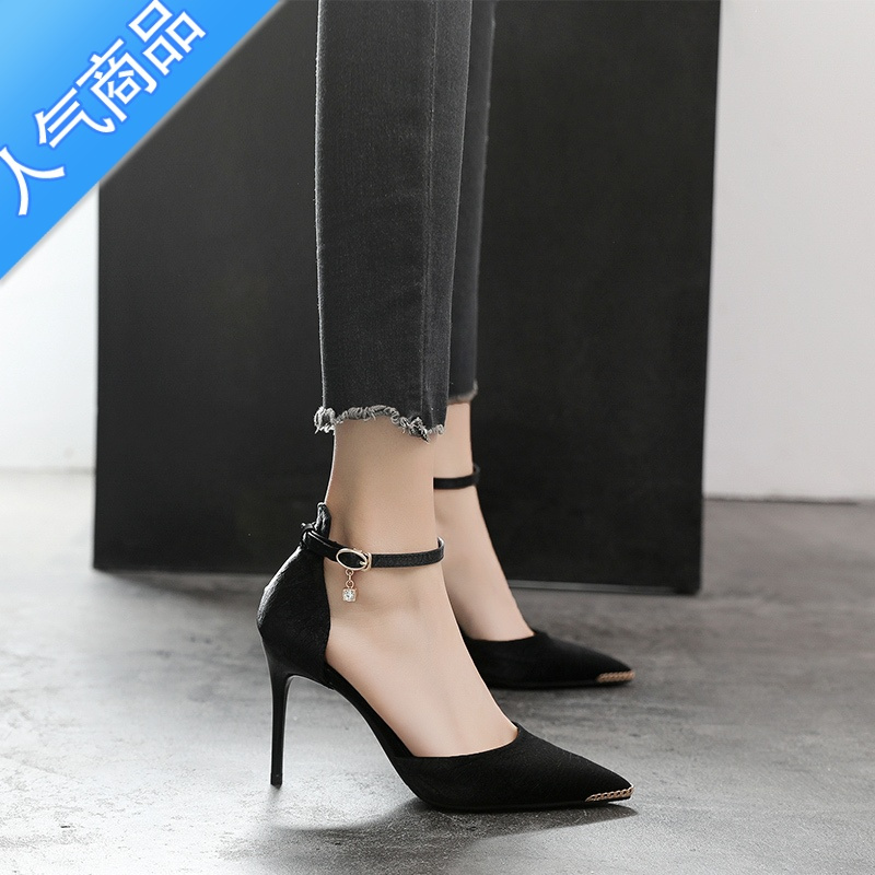 suntek一字带高跟鞋女细跟大码4043尖头中空单鞋小码33春季新款2022年