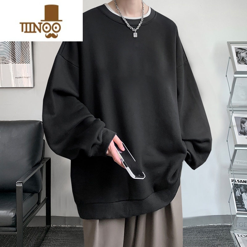 YANXU美式圆领长袖卫衣打底衫男装ins休闲潮流白色短袖t恤男学生上衣服高清大图