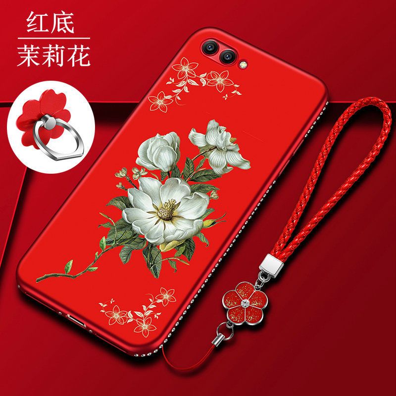 华为荣耀v10手机壳BKL-AL20保护硅胶套honor全包防摔软壳al00女款 [红色曼陀罗]送手绳+指环