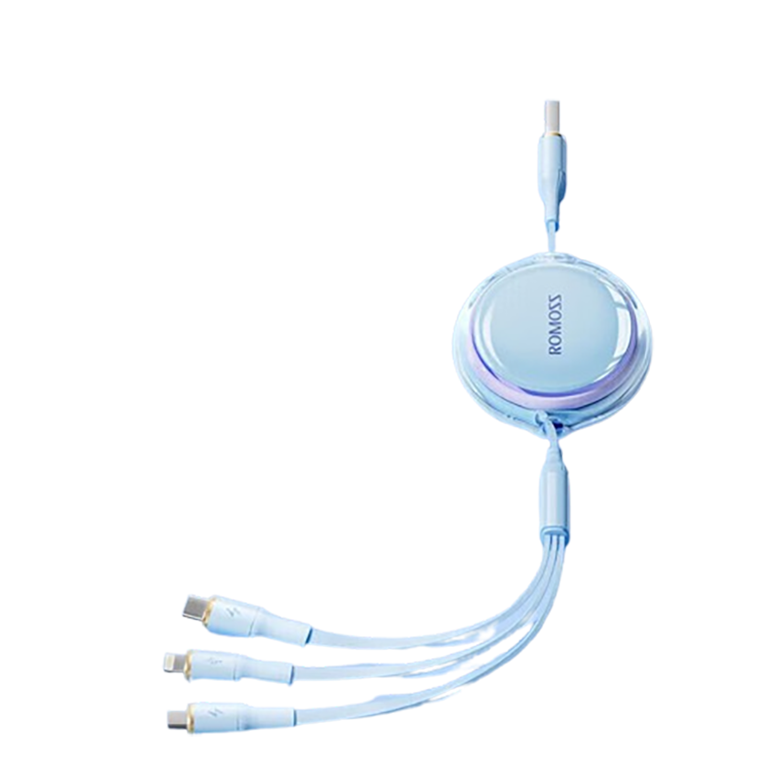 罗马仕充电线三合一数据线一拖三头快充适用苹果iPhone16/15华为安卓Typec手机车载充电线伸缩多功能蓝色