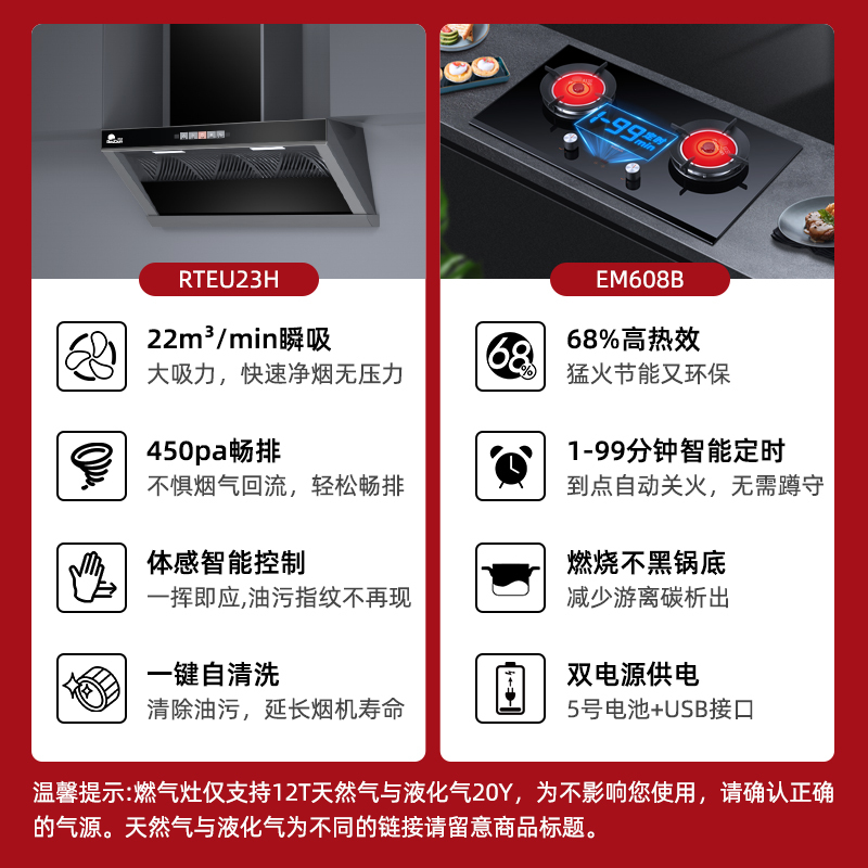 红日(RedSun)烟灶套装欧侧跨界体感操控油烟机22立方大吸力自动清洗智能定时厨电套餐RTEU23H+TEM608B