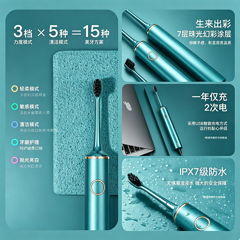 拜尔 成人智能声波电动牙刷礼盒装 G1天青色(主机*1,刷头*6)/套高清大图