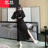 YIBUSHENG2023年不规则设计感长款过膝开叉裙子女季小心机露腰宽松连衣腰 3XL 黑色308