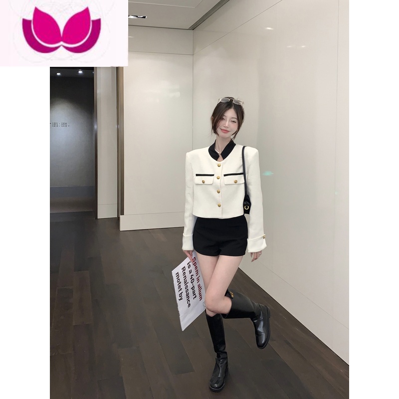 七斓网红小香风气质名媛套装女早高级感马术服短外套短裤套 S 黑色短裤