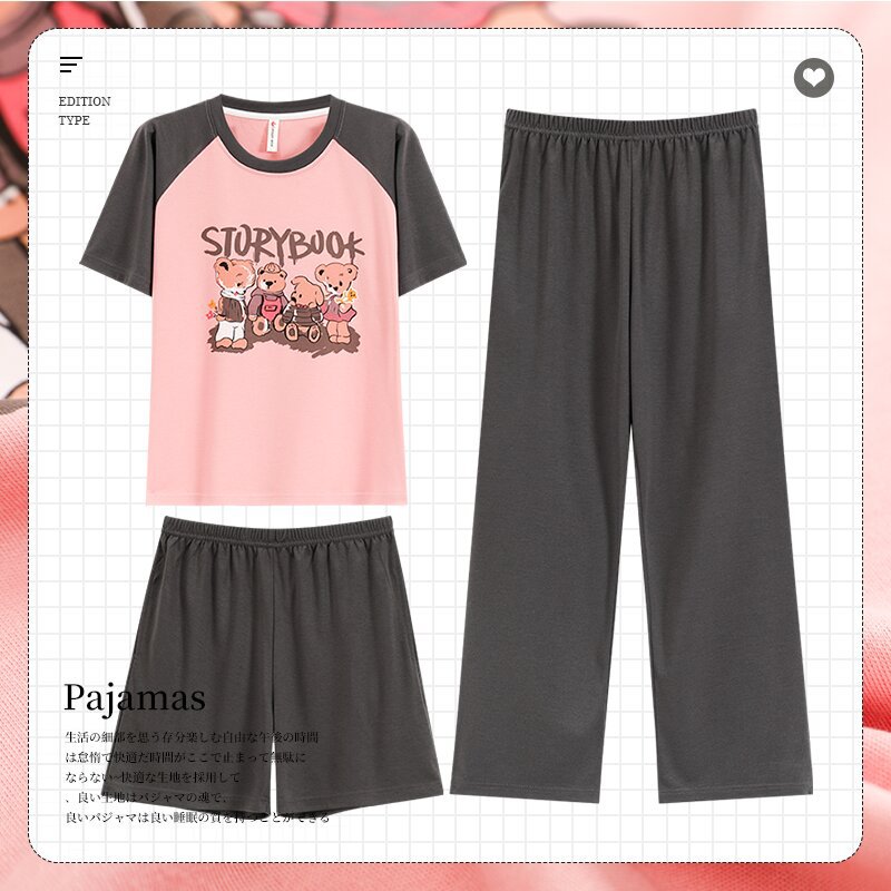 夏季三件套睡衣女短袖七分裤睡裙韩版可爱卡通少女家居服套装