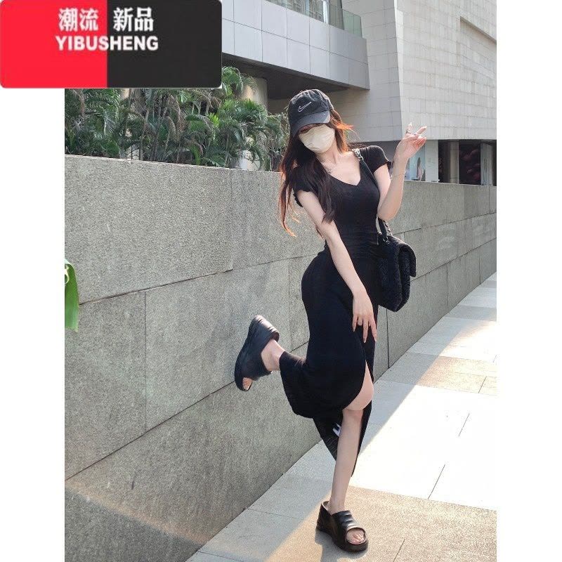 YIBUSHENG性感御姐风紧身短袖连衣裙女装季纯欲气质显瘦包臀裙开叉长裙子图片