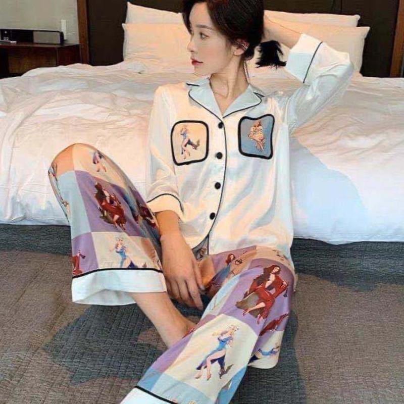 灰蓝色 M (建议80-95斤) 睡衣女春夏冰丝长袖长裤性感加大码秋冬季仿真丝薄款可外穿家居服