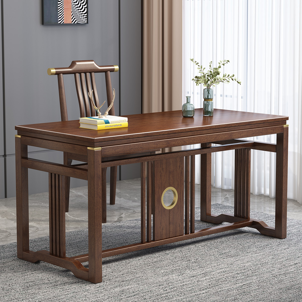 月影梳桐新中式实木书桌办公电脑桌现代轻奢胡桃木书桌书法书画桌书房