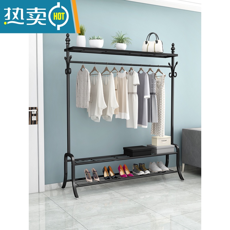 敬平衣架落地卧室内单杆式凉衣架家用收纳置物架挂衣架简易晒晾衣架子 双置物板加高款120*170白色(双重收纳更多东西)高清大图