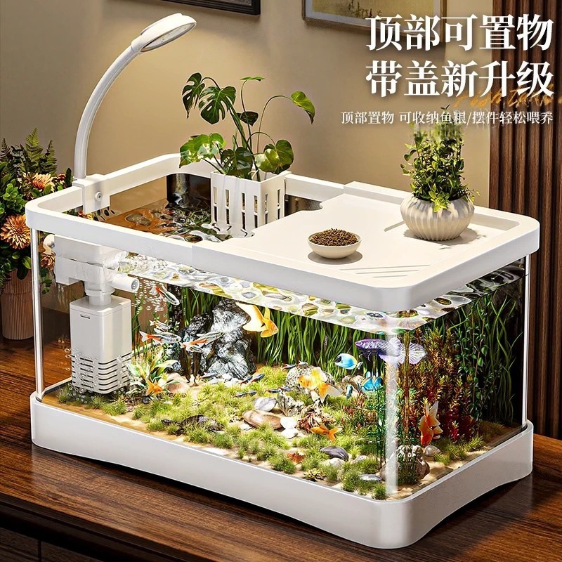 CCKO鱼缸生态水族箱新款金鱼缸透明小型豪华造景过滤制氧乌龟缸桌面缸 大号[升级款]白色高清大图