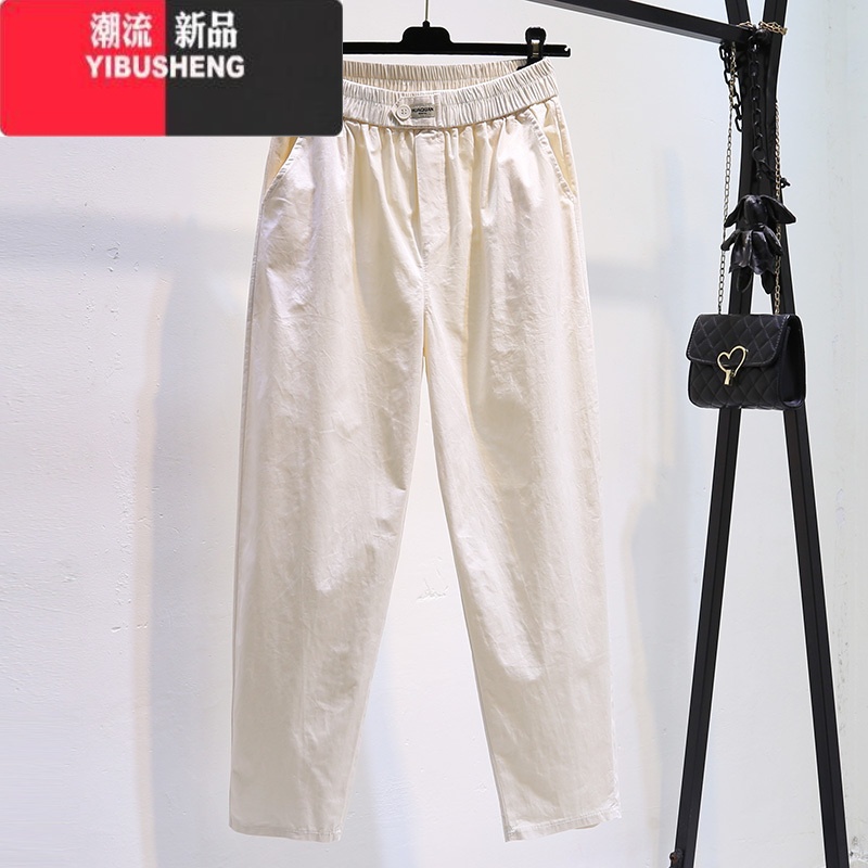 YIBUSHENG水洗弹力棉休闲裤女春季薄款九分哈伦裤高腰宽松显瘦百搭萝卜裤高清大图