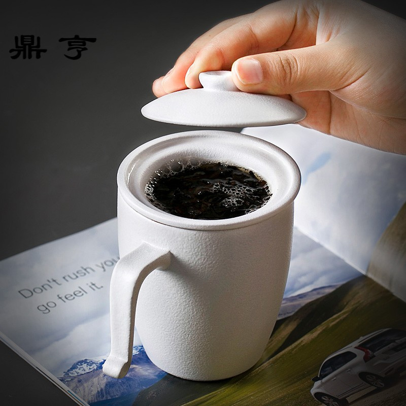 鼎亨过滤茶杯粗陶瓷带盖杯办公室会议简约水杯茶滤茶水分离黑陶