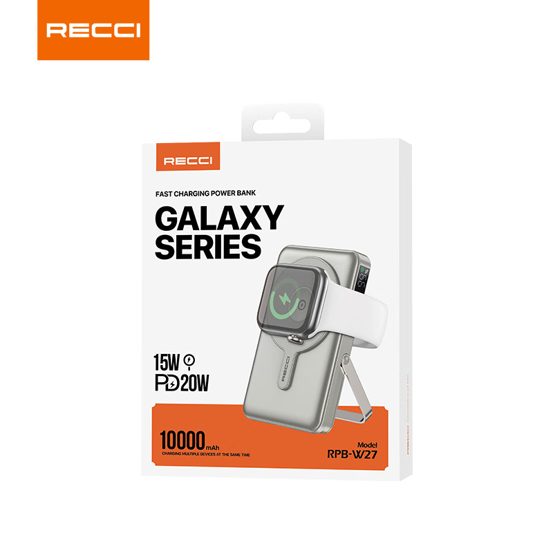 锐思3C认证自带线充电宝RPB-W27(10000 mAh)钛金色高清大图