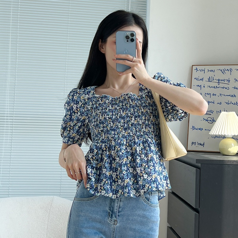 [1.5折价48元]唐狮 |夏季衬衣女式上衣方领小碎花收腰短袖T恤森系可爱风