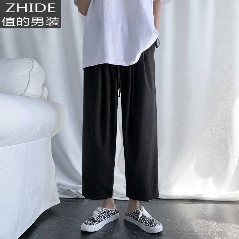 男西裤春秋款潮流百搭宽松九分休闲裤男垂感直筒阔腿网红裤子男 黑色 M